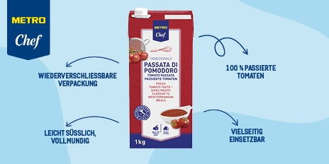 Produktneuheiten METRO, METRO Produktinnovationen, Neue Produkte METRO, METRO Chef Passata di Pomodoro, leicht suesslich