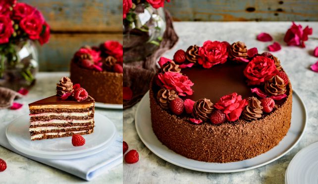 Шоколадово-медена торта с малиново кремю и шоколадов ганаш