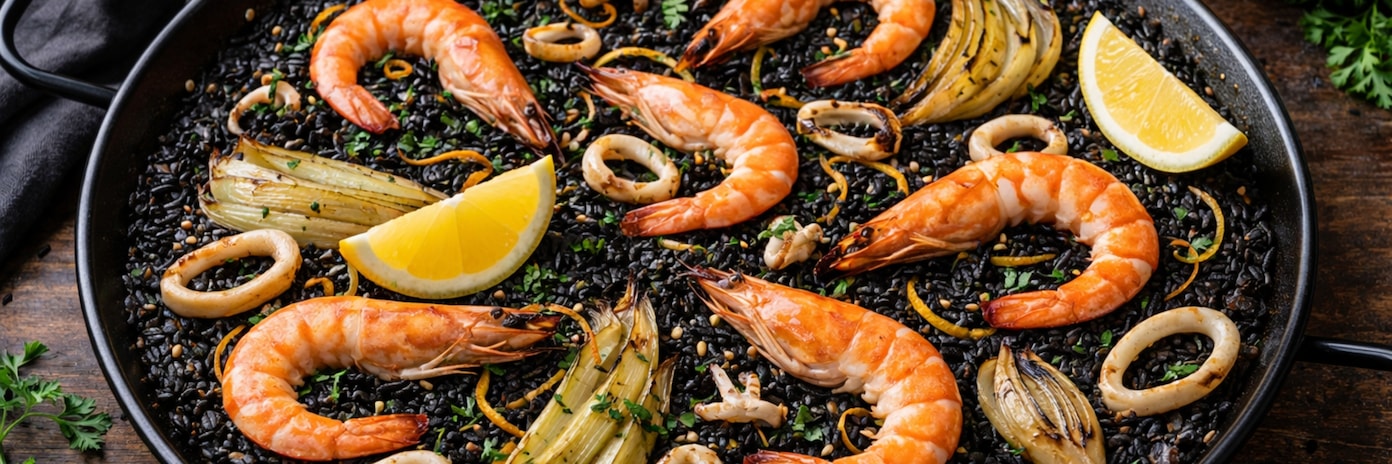 Черна паеля с морски дарове, карамелизиран фенел и портокал