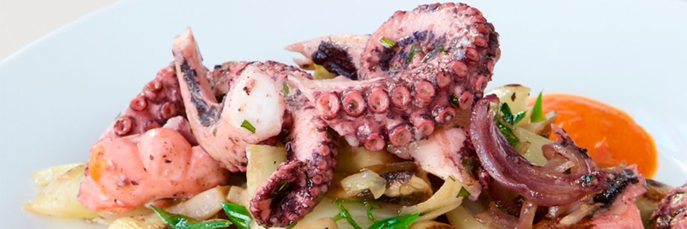 Restovaná chobotnice na fenyklovém ragů se žampiony, omáčka z pečených rajčat