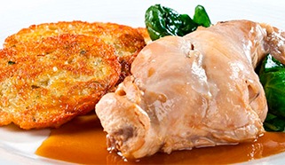 Konfitované králičí stehno s bramboráčky a špenátem