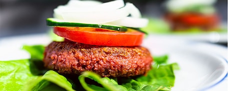 Nahaufnahme von einem gebratenen veganen Burger auf Romansalat mit Tomate, Gurke und Zwiebel 