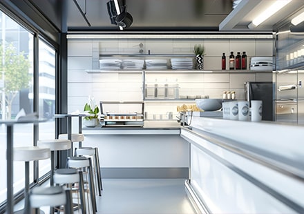 Restaurant fast-food moderne, ambiance blanc et inox