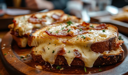 Croque monsieur au fromage et bacon servi sur une assiette en bois
