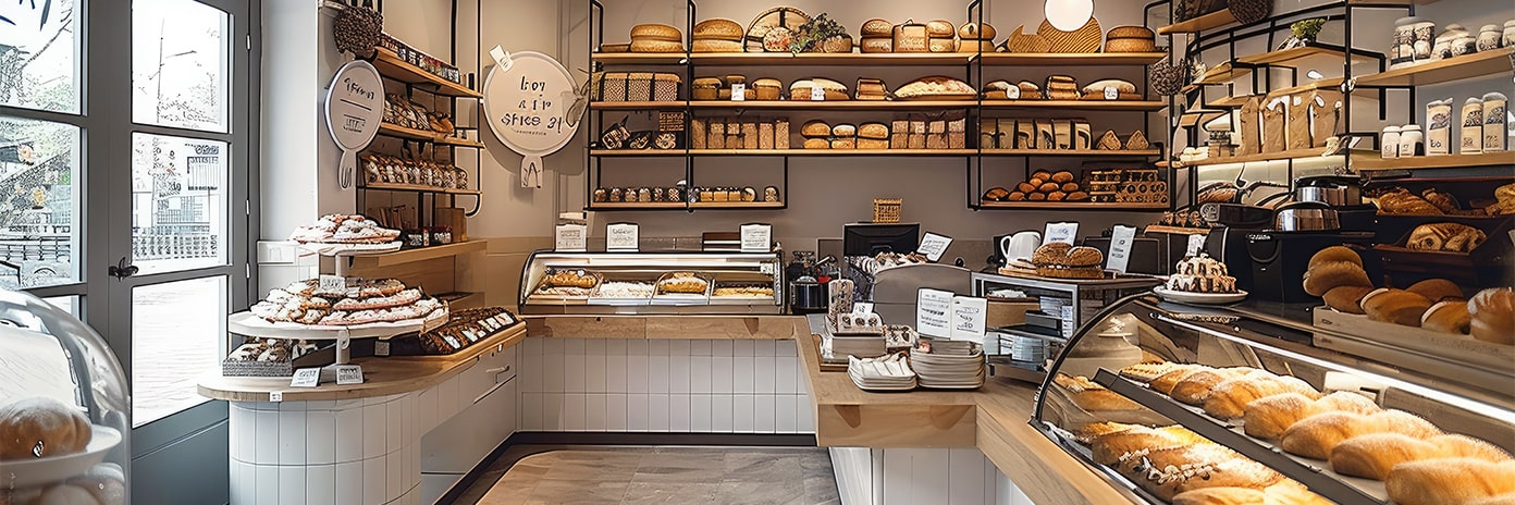 Intérieur de boulangerie avec pains et pâtisseries