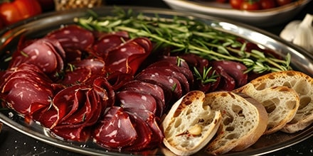 Planche composée de tranches fines de bœuf, pain et thym