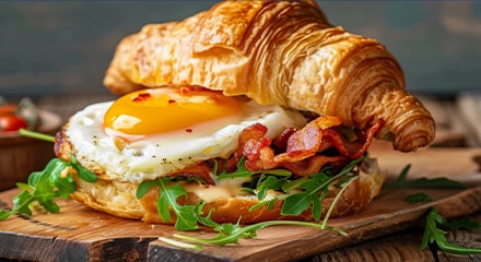 Croger avec œuf et salade disposé sur une planche en bois