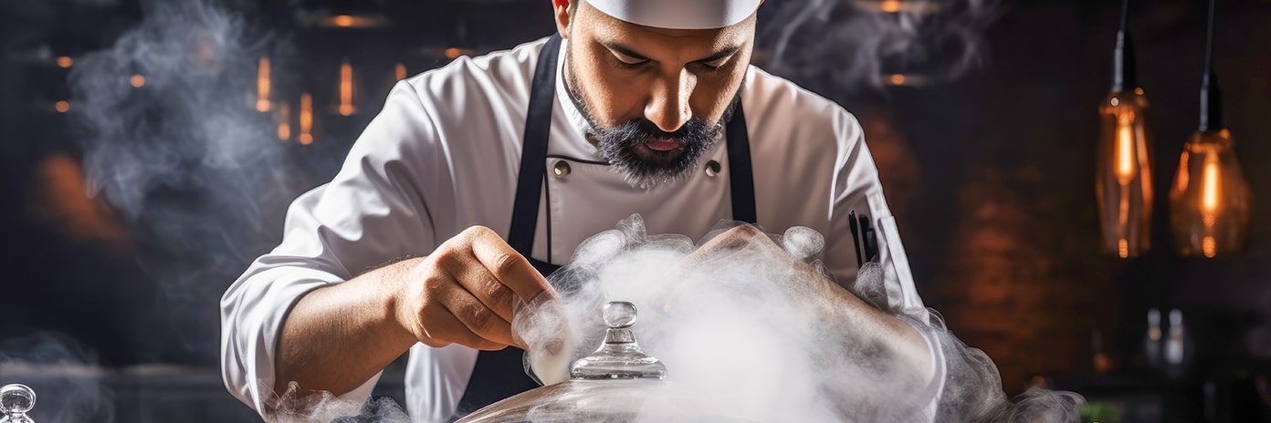 Chef qui prépare un plat fumé