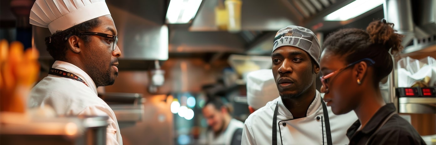 Chef qui briefe son équipe en cuisine