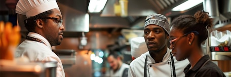 Chef qui briefe son équipe en cuisine