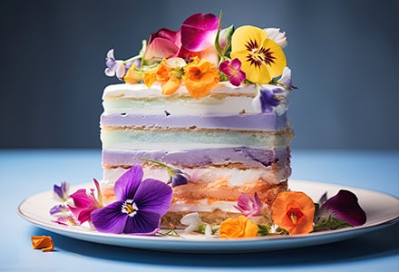 Gâteau avec couches colorées, glaçage et fleurs comestibles