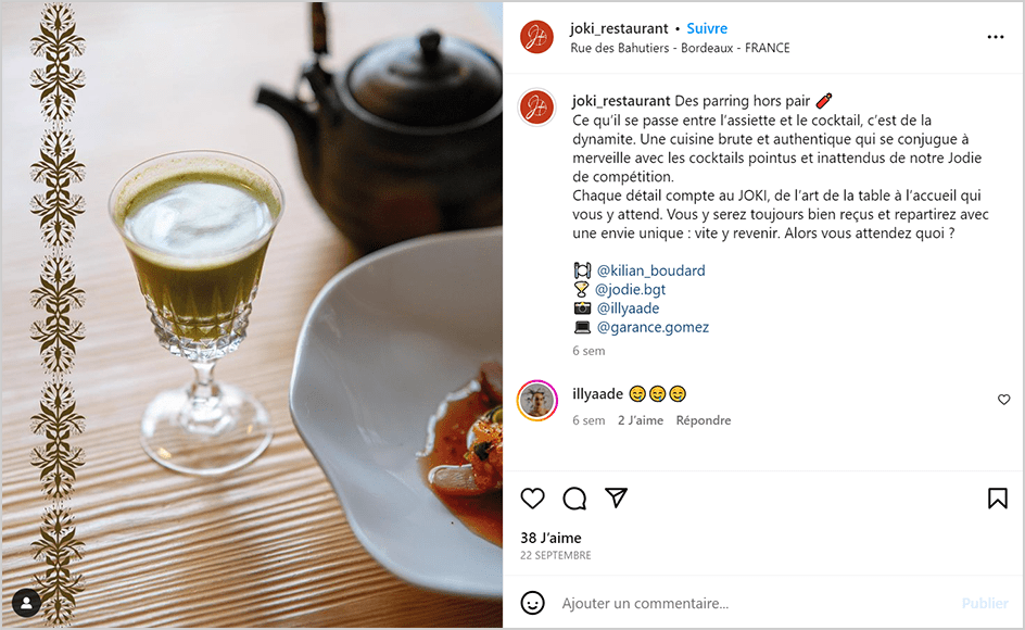 Post Instagram du restaurant JOKI