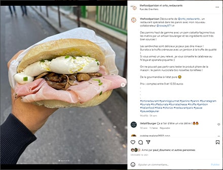 Sandwich dans du pain ciabatta sur les réseaux sociaux
