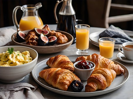 Table sur laquelle sont disposés des plats pour le petits déjeuner, avec croissants, confiture et jus d’orange