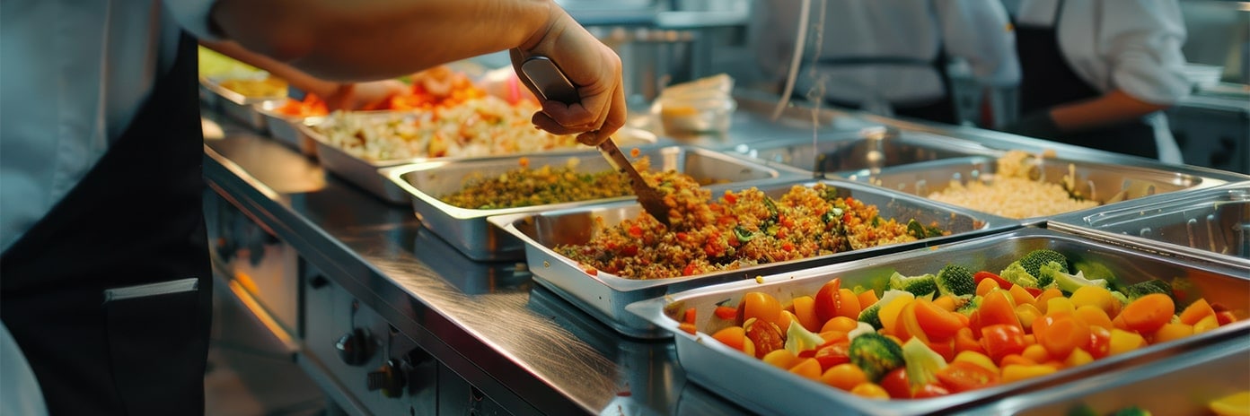 Différents plats disposés dans des bacs gris de cuisine professionnelle, prêts à être servis