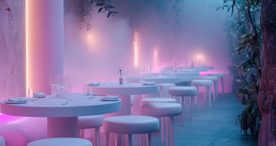Intérieur d’un restaurant sensoriel avec de la fumée et des arbres