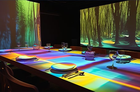 Intérieur d’un restaurant sensoriel avec des lumières et des écrans