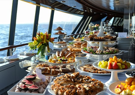 Multitude de propositions de desserts disposés sur une table dans un restaurant à volonté