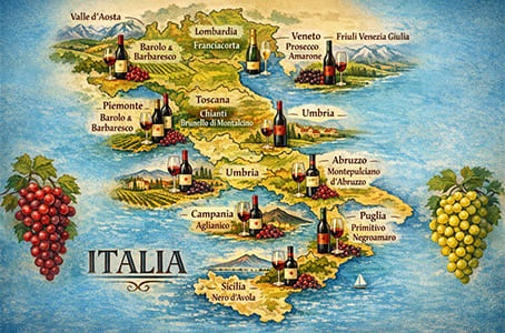 Carte et localisation des vins et Italie