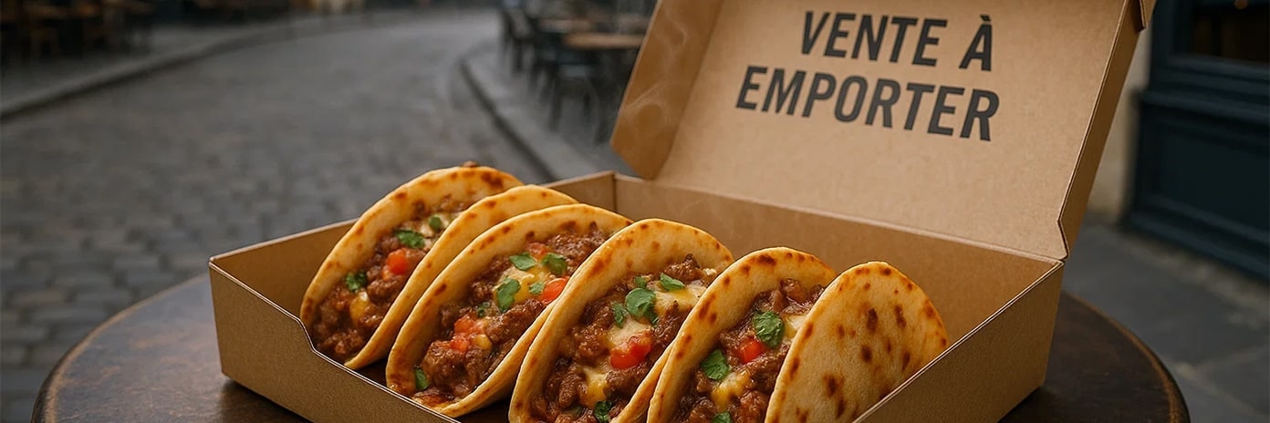 Tacos disposés dans une boite en carton sur une table pour la vente à emporter