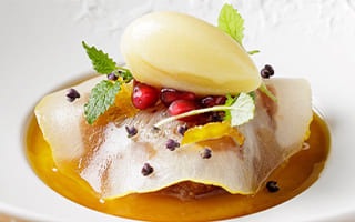 Recette de chef - Pomme tapée au Galabé et aux Épices, Ravioles de Cédrat confit et Sorbet Gingembre-Mangue - Jérome Devreese - 2026