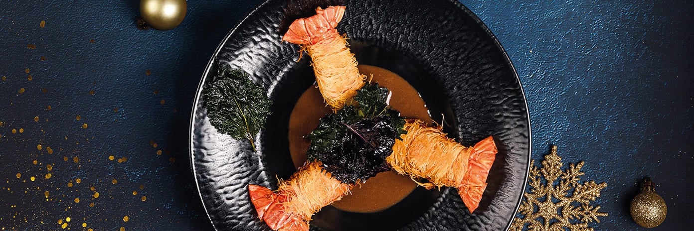 Recette de chef - Langoustines en kadaïf, mille-feuille de shiso, chou rave