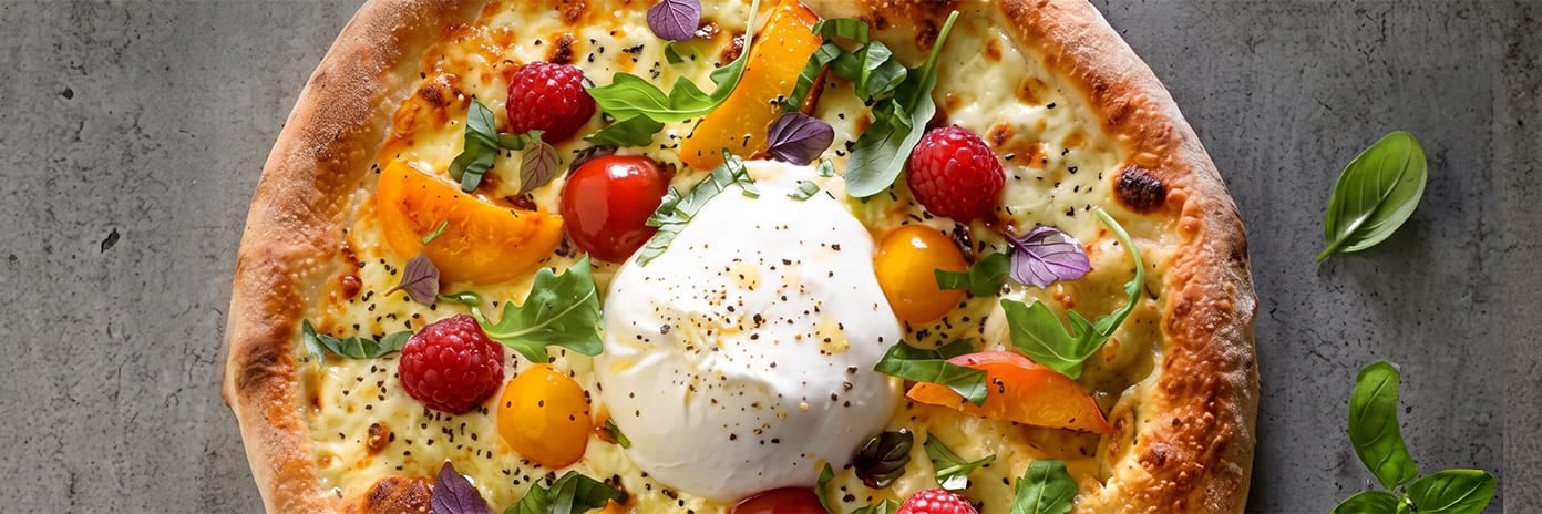 Recette de chef - Pizza burrata pêche framboise