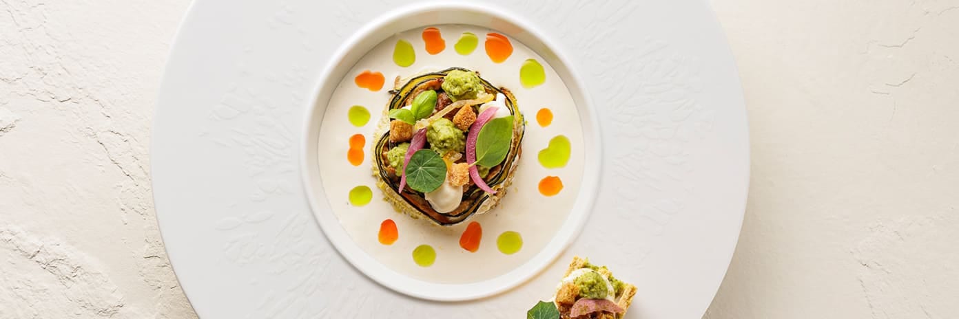 Recette de chef – Rosace de courgette, crème de burrata, crackers petits pois et burrata - Maxime Cousin