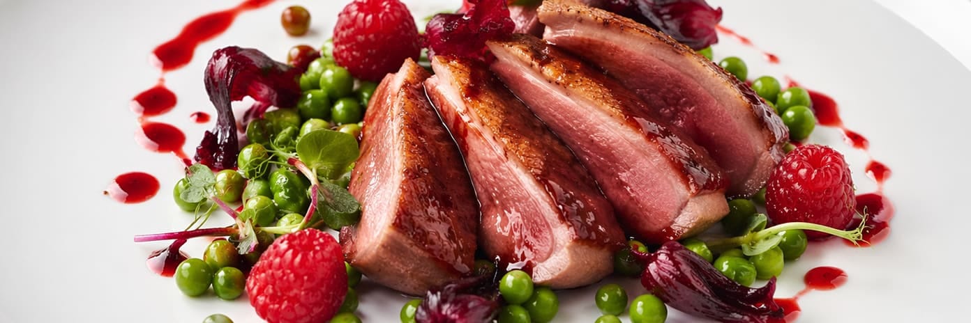 Recette de chef - Canard petit pois, hibiscus, framboise