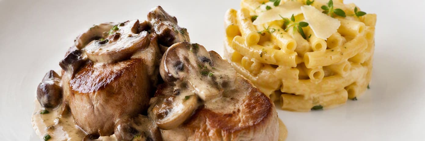 Recette de chef - Médaillon de veau aux champignons et macaronis revisités