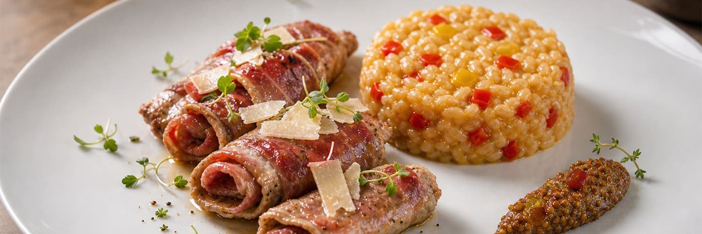 Recette de chef - Saltimbocca de veau et de jambon San Daniele au parmesan, risotto de poivrons, moutarde aux fruits confits