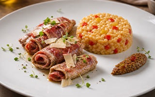 Recette de chef - Saltimbocca de veau et de jambon San Daniele au parmesan, risotto de poivrons, moutarde aux fruits confits