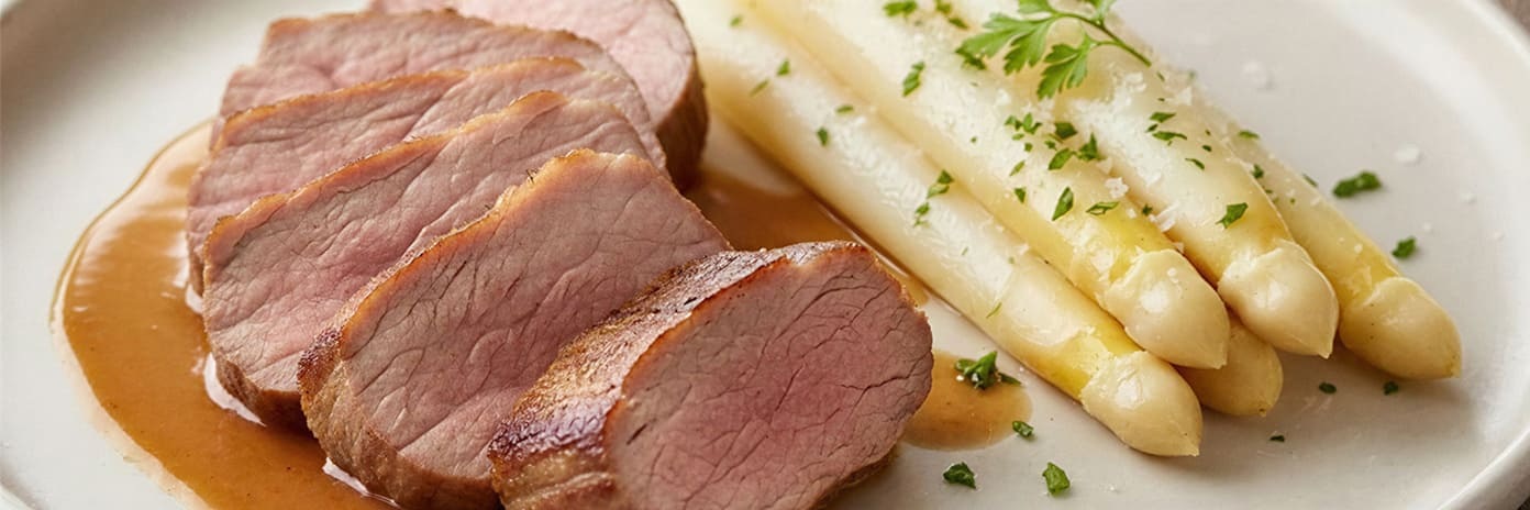 Recette de chef - Veau mijoté crème moutarde et asperges blanches