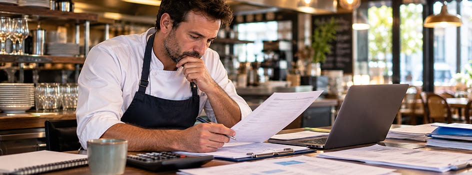 Un professionnel de la restauration étudie des documents dans son restaurant