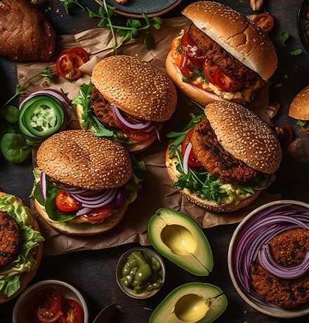Nourriture végétalienne et hamburgers végétaliens vue de dessus. Créé par IA