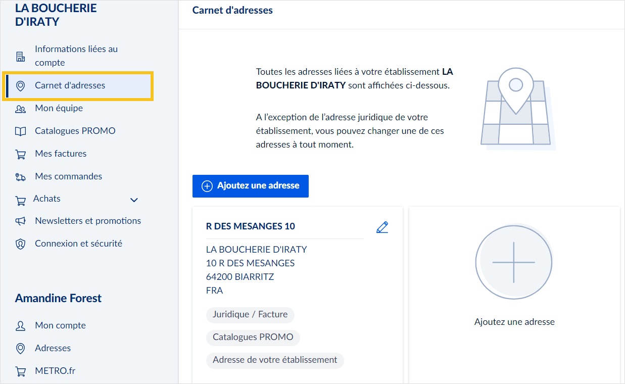 Espace client METRO : Carnet d'adresses