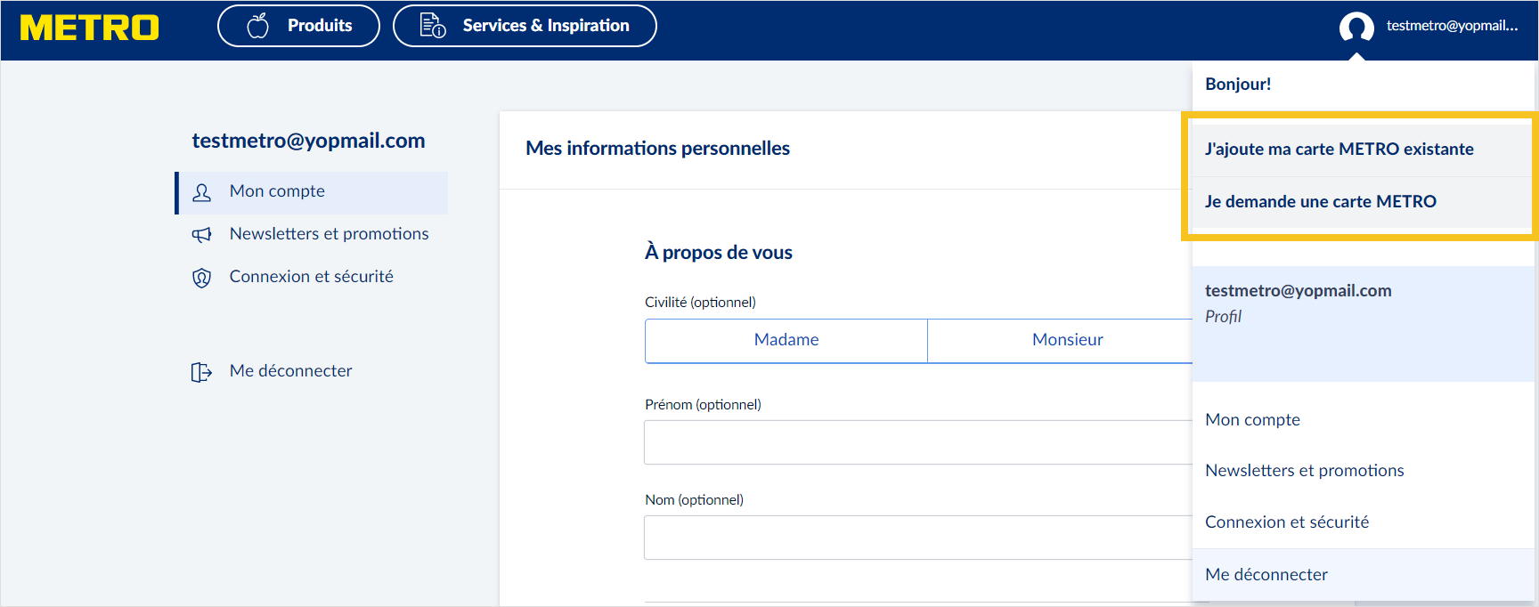 Espace client METRO : Création de votre compte