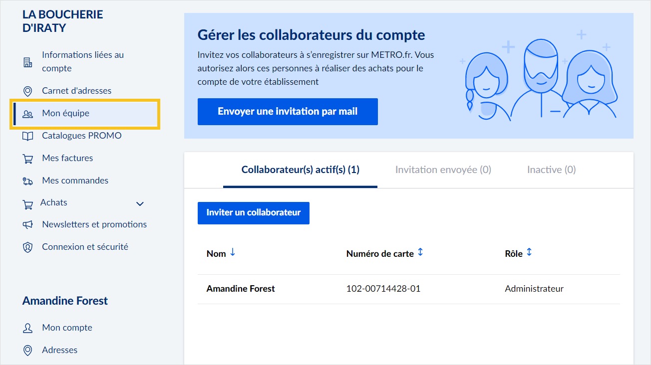Espace client METRO : Mon équipe