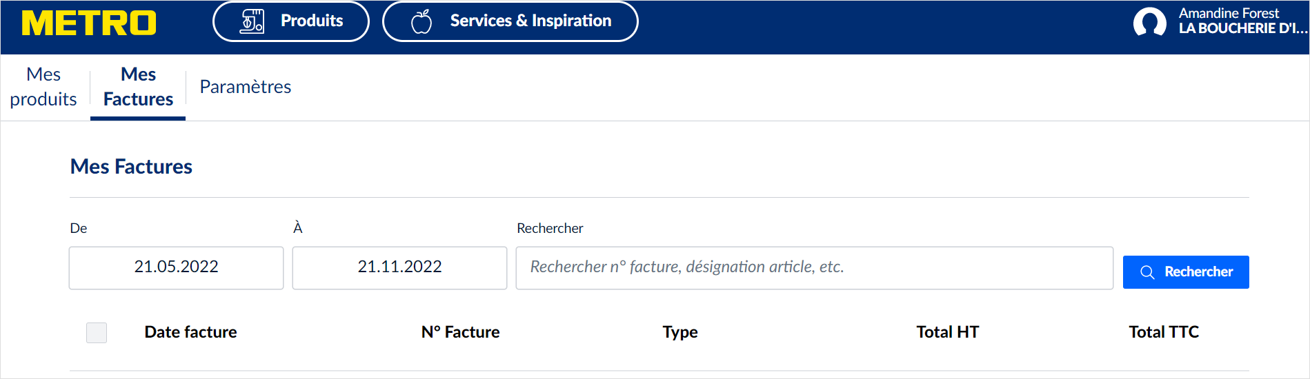Espace client METRO : Mes factures