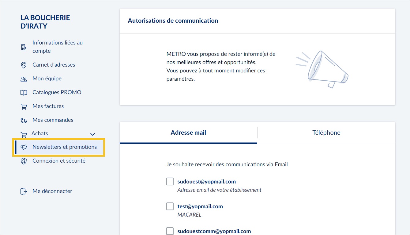 Espace client METRO : Newsletters et promotions