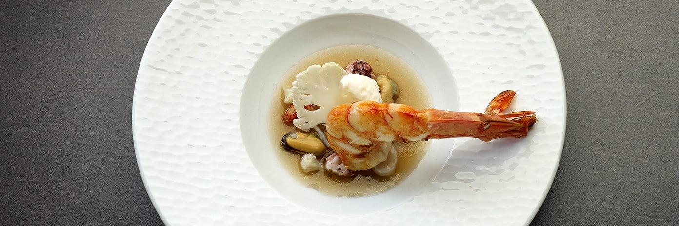 Recette de Chef - Crevette sauvage, fruits de mer et crémeux de chou-fleur