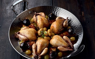 Recette de Chef - Cailles rôties, raisins, figues et foie gras