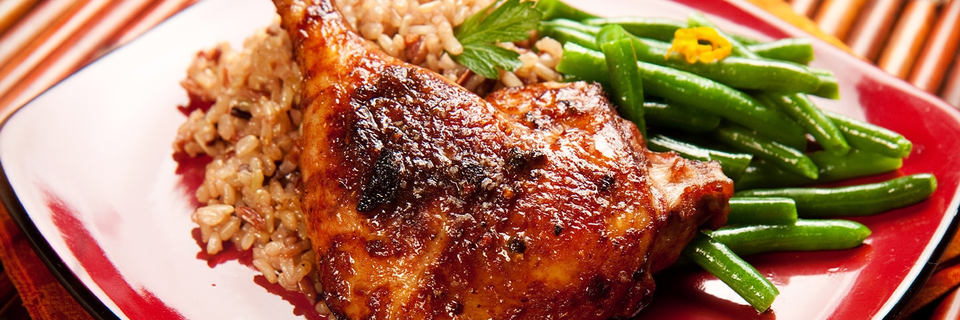 Recettes de chefs | Cuisse de canard grillée, sauce barbecue, riz et haricots