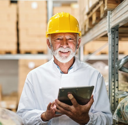 Homme souriant avec un casque jaune et une tablette dans les mains