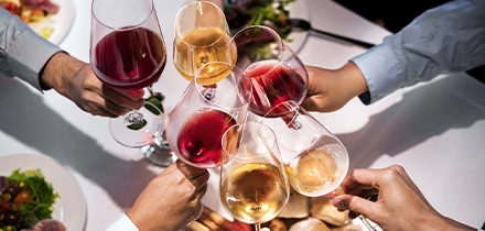 Groupe de personnes qui trinquent avec des boissons à base de vin