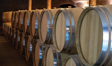 Fûts de vin dans la cave d'un domaine viticole