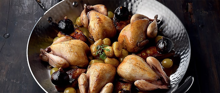 Recette de chef - Cailles rôties, raisins, figues, foie gras