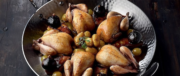 Recette de chef - Cailles rôties, raisins, figues, foie gras