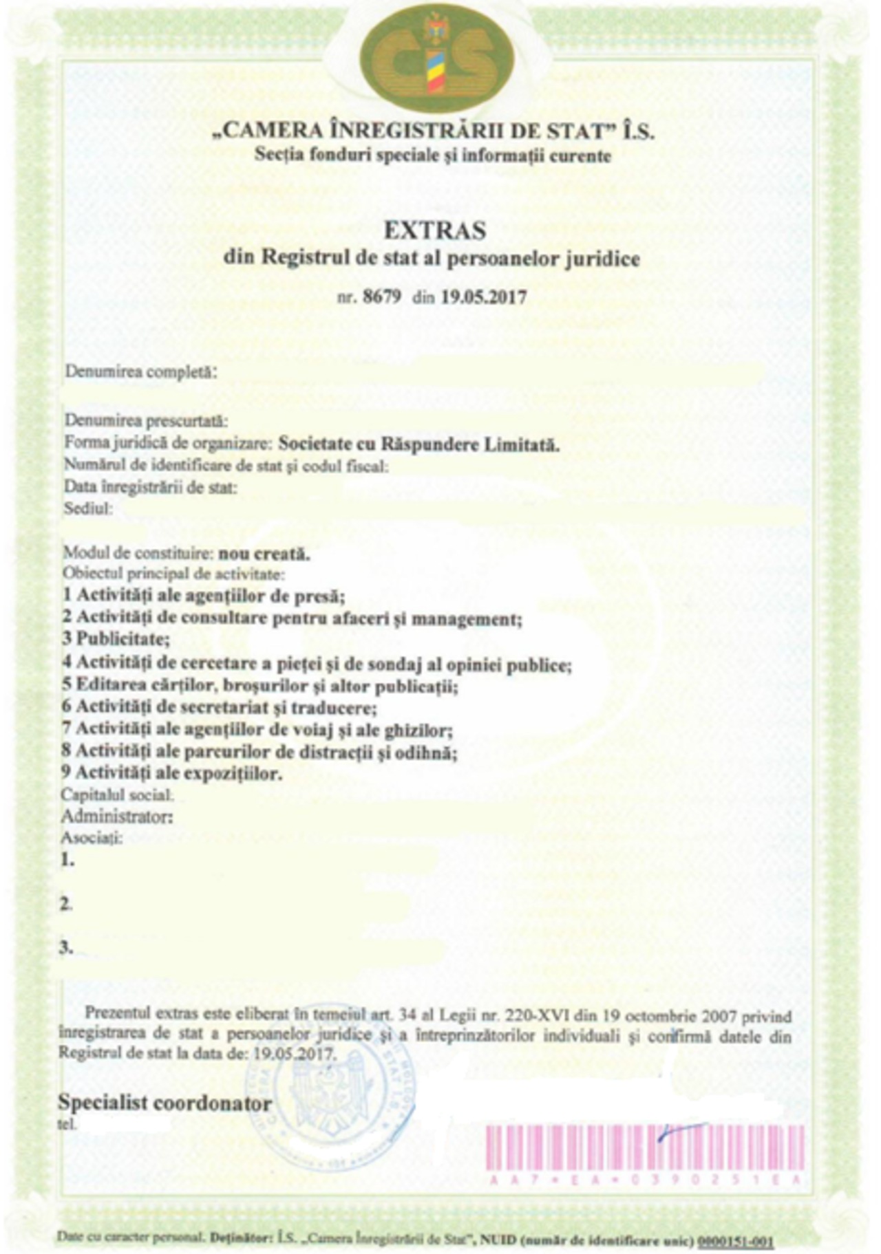 certificat de inregistrare (metro card)