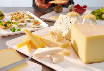 platou de cascaval cu mix de fructe si aperitive pe vesela horeca